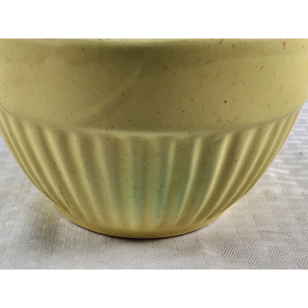 Vintage Ribbed Mustard Yellow Splash Of Green Stoneware Mixing Bowl Matte Signed